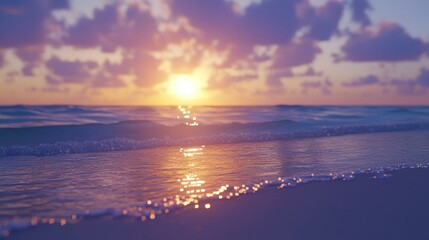 Serene sunset over ocean waves on beach.