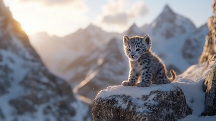 Obraz premium Adorable snow leopard cub perched on a snowy mountain peak at sunset.
