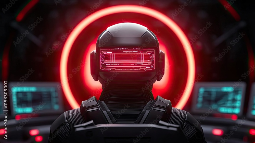 Poster operation center idea. futuristic figure with a glowing visor in a sci-fi control room, immersed in 