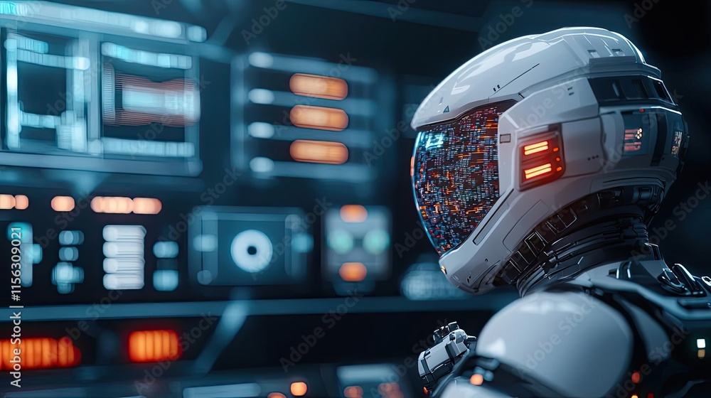 Poster Operation center idea. Futuristic astronaut in a high-tech control room, surrounded by advanced screens and interfaces.