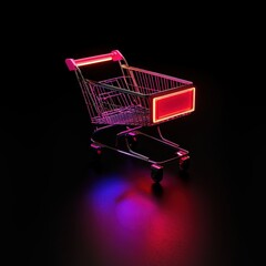 Neon Shopping Cart on Dark Background with Colorful Lighting Effects