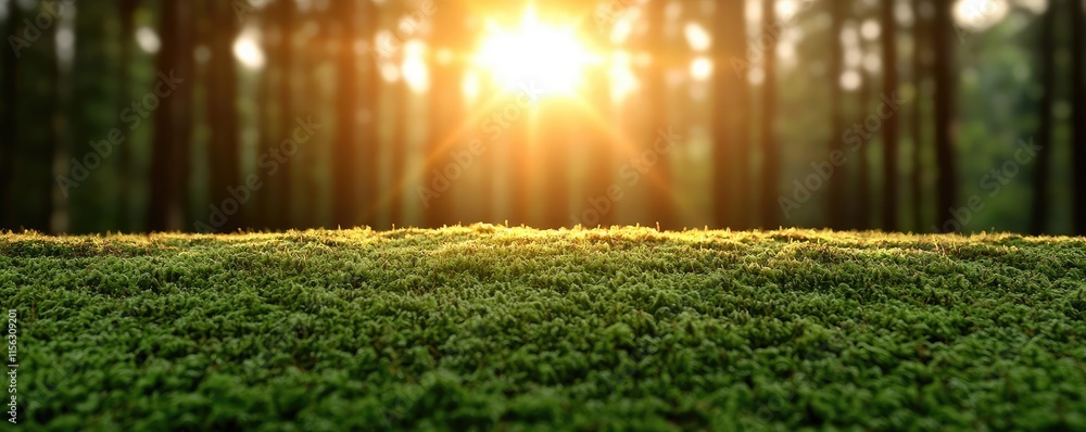 Poster moss forest concept. sunlight filters through trees, illuminating lush green moss in a serene forest