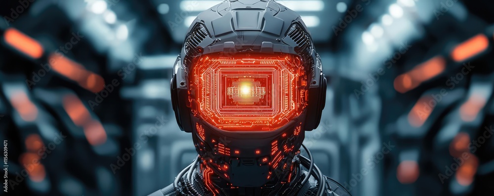 Aufkleber Operation center idea. Futuristic robot with glowing visor in a high-tech environment.