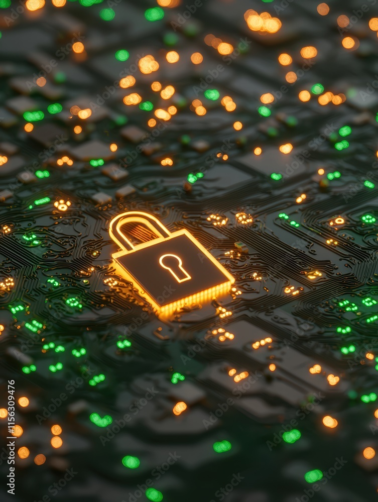 Poster digital lock icon on circuit board with glowing lights effect