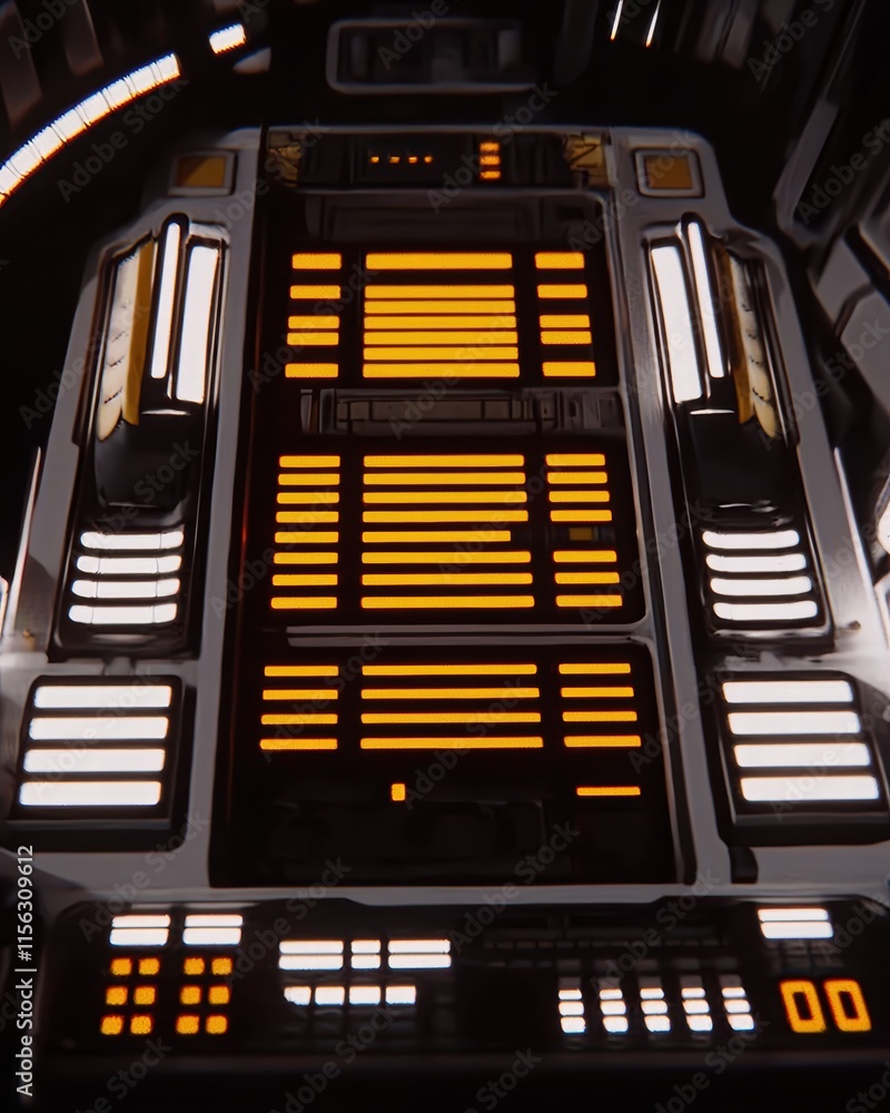 Poster futuristic control panel with illuminated displays and buttons