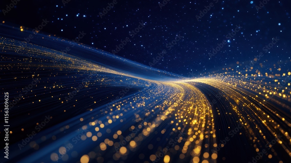 Poster abstract gold and blue light trails sparkling galaxy of data streams and digital connections.