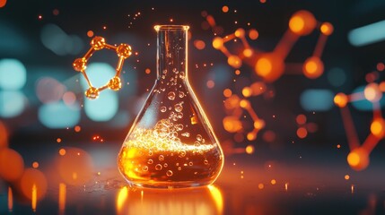 Glowing liquid in erlenmeyer flask with molecular structures.
