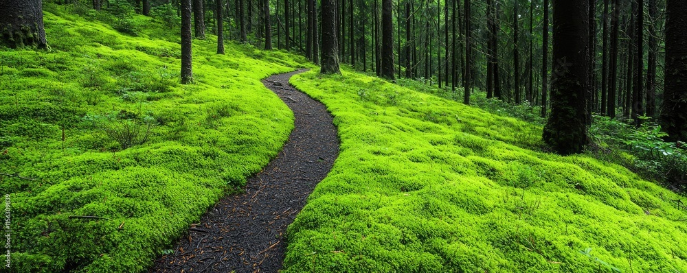 Aufkleber moss forest concept. a serene forest path winding through lush green moss and tall trees, inviting e