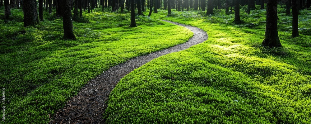 Poster Moss forest concept. A serene winding path through a lush green forest filled with sunlight and tranquility.