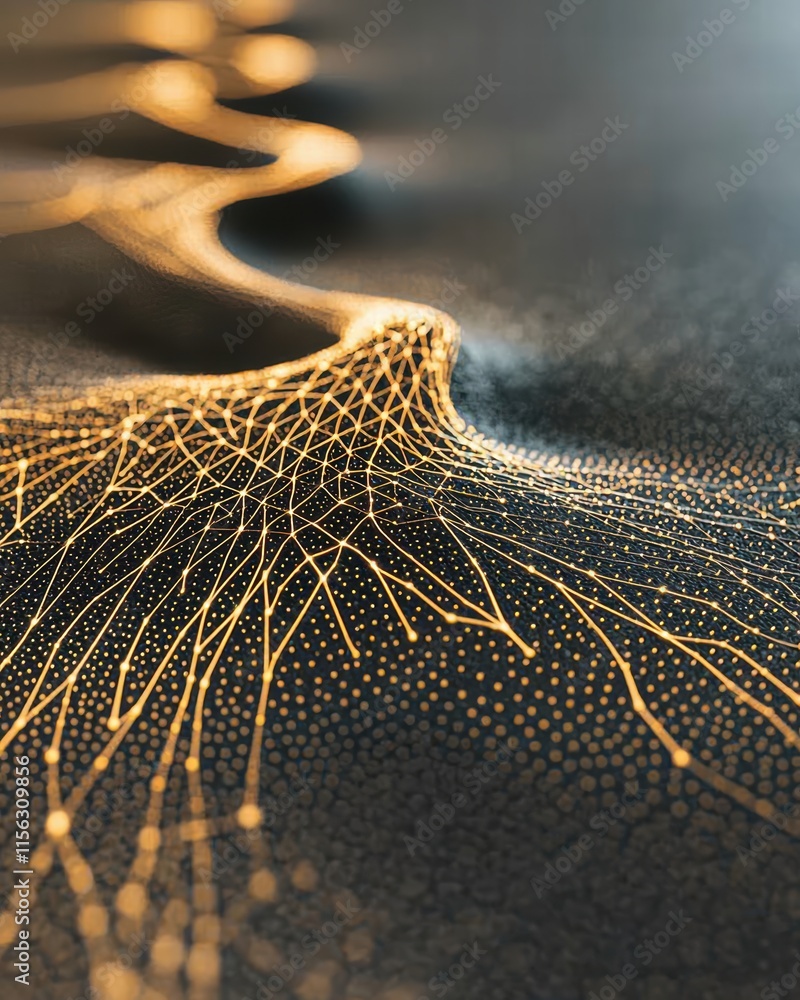 Poster abstract image of golden lines and dots on dark background
