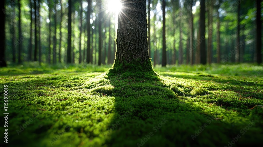 Poster moss forest concept. sunlight filters through trees, illuminating lush green moss in a tranquil fore