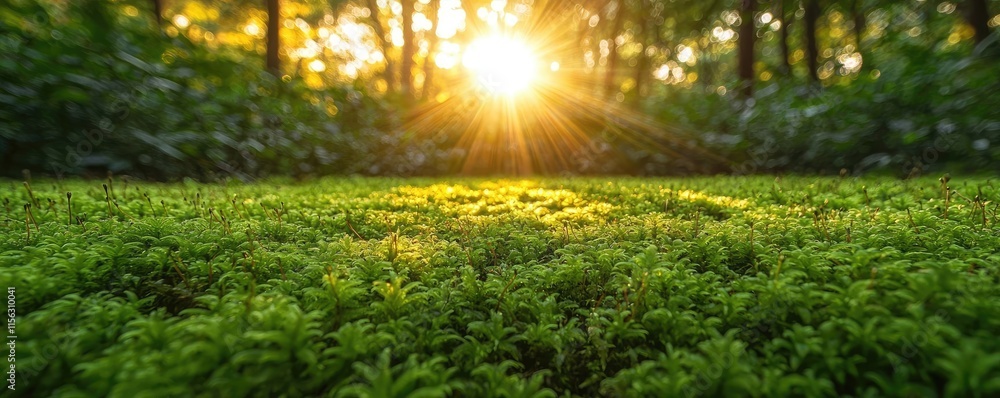 Poster moss forest concept. sunlight filters through trees, illuminating lush green moss on the forest floo
