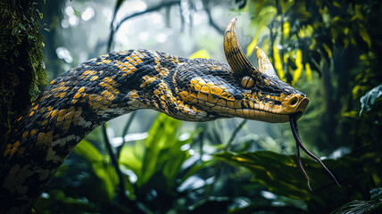 Obraz premium A gigantic, horned serpent with a flowing golden mane slithers through a dense, misty jungle, its scales shimmering in the dim light, exuding an aura of ancient power and mystery.