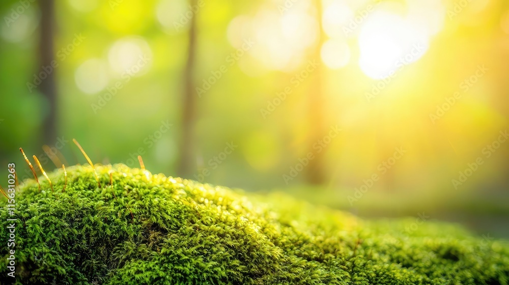 Aufkleber moss forest concept. a serene close-up view of vibrant green moss illuminated by soft sunlight.
