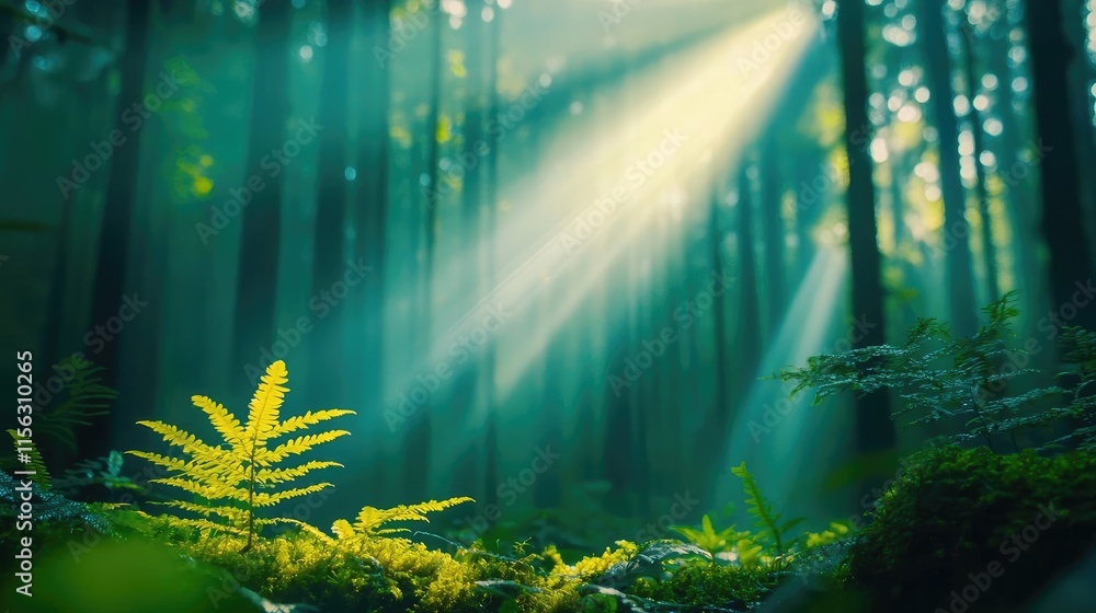 Poster Moss forest concept. Captivating rays of sunlight illuminate a tranquil forest scene with lush greenery.