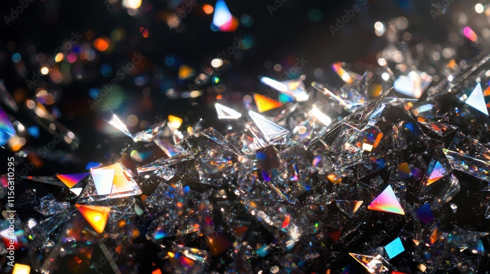 Poster abstract background of shattered glass with rainbow iridescence and bokeh lights - sparkling, glitte