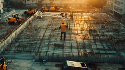 Naklejka premium Construction Worker Surveying Reinforced Concrete Foundation