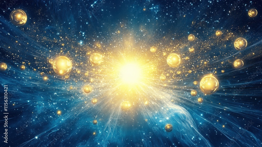 Poster celestial burst abstract space art with golden orbs and blue nebula background - high-resolution sto