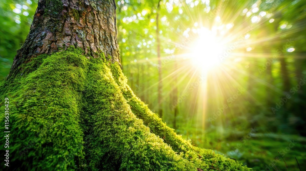 Poster Moss forest concept. Sunlight filtering through a lush forest, illuminating moss-covered tree roots.