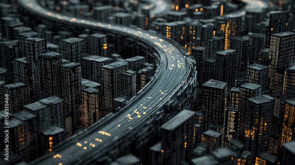 Poster abstract 3d rendering of a weaving highway path through cityscape
