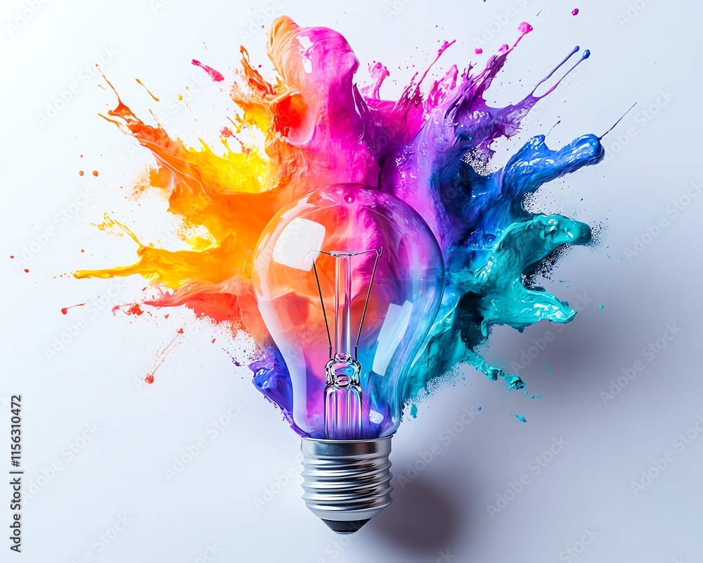 Poster a lightbulb with an explosive burst of paint in vibrant colors, symbolizing innovation and diversity
