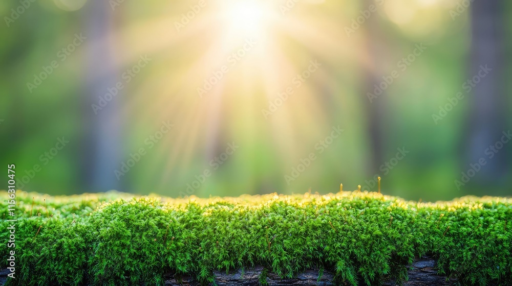 Poster moss forest concept. a serene moss-covered surface illuminated by soft sunlight in a tranquil forest