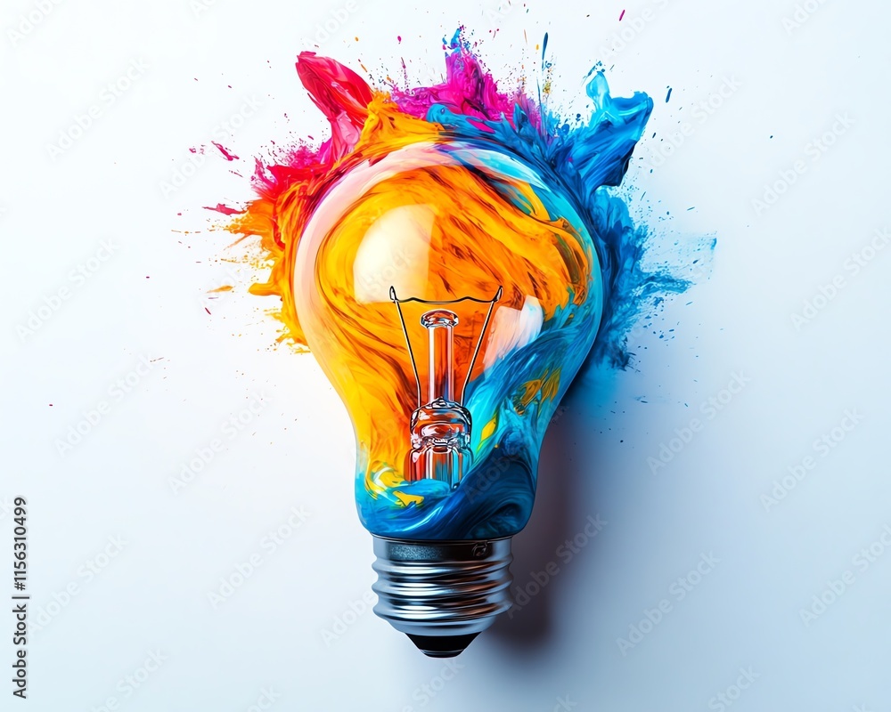 Poster a lightbulb with an explosive burst of paint in vibrant colors, symbolizing innovation and diversity