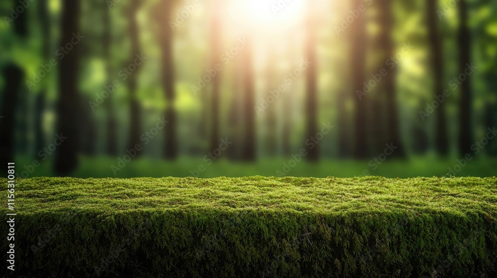 Poster Moss forest concept. Serene forest scene with lush green moss and soft sunlight filtering through trees.