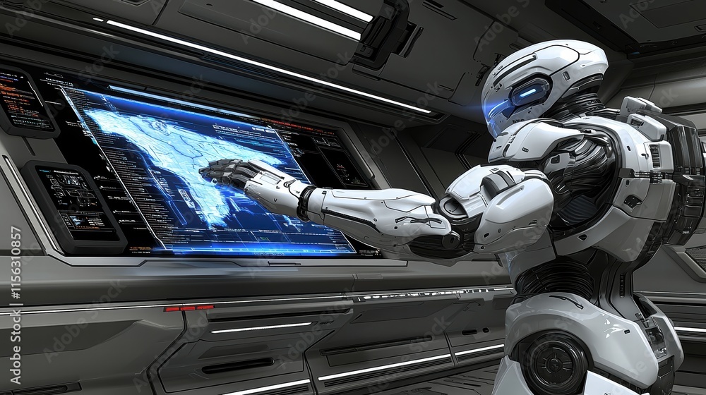 Poster futuristic robot interacting with digital map interface in space station