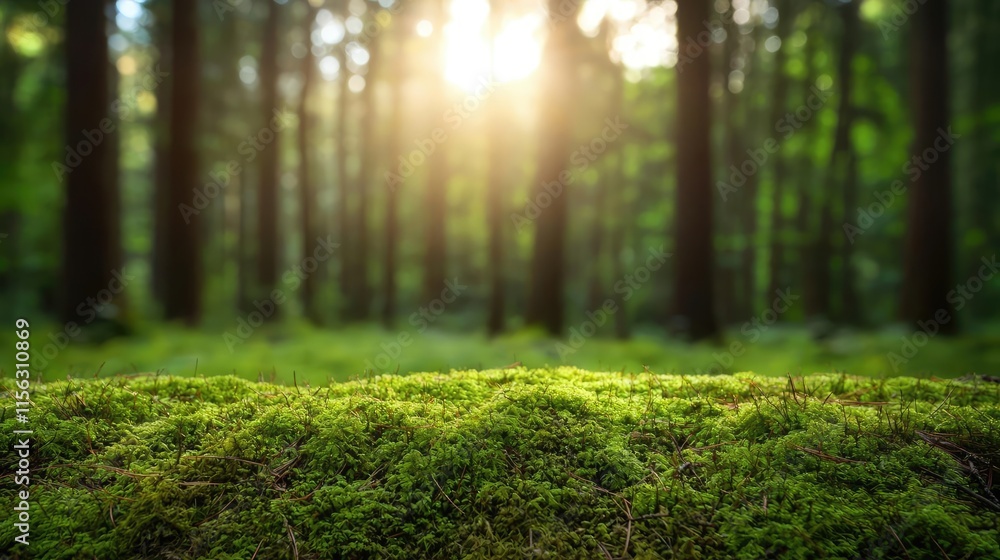 Poster moss forest concept. a serene forest scene with soft sunlight filtering through the trees onto lush 