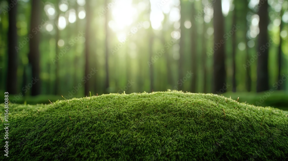 Poster moss forest concept. serene green moss covered ground in a tranquil forest with soft sunlight filter