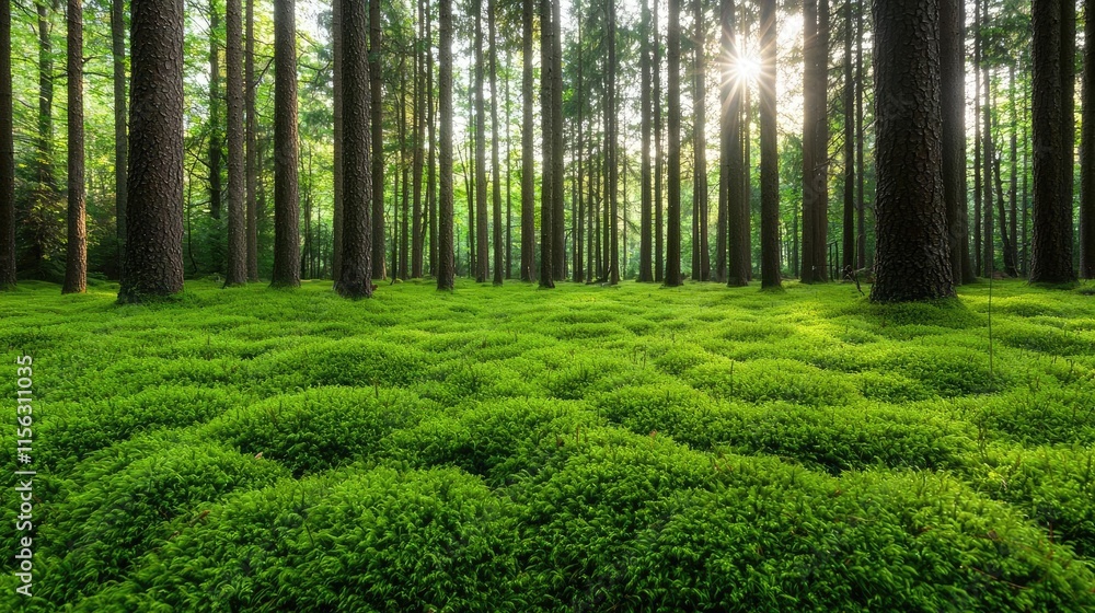 Poster moss forest concept. vibrant green moss blankets the forest floor, illuminated by soft sunlight filt