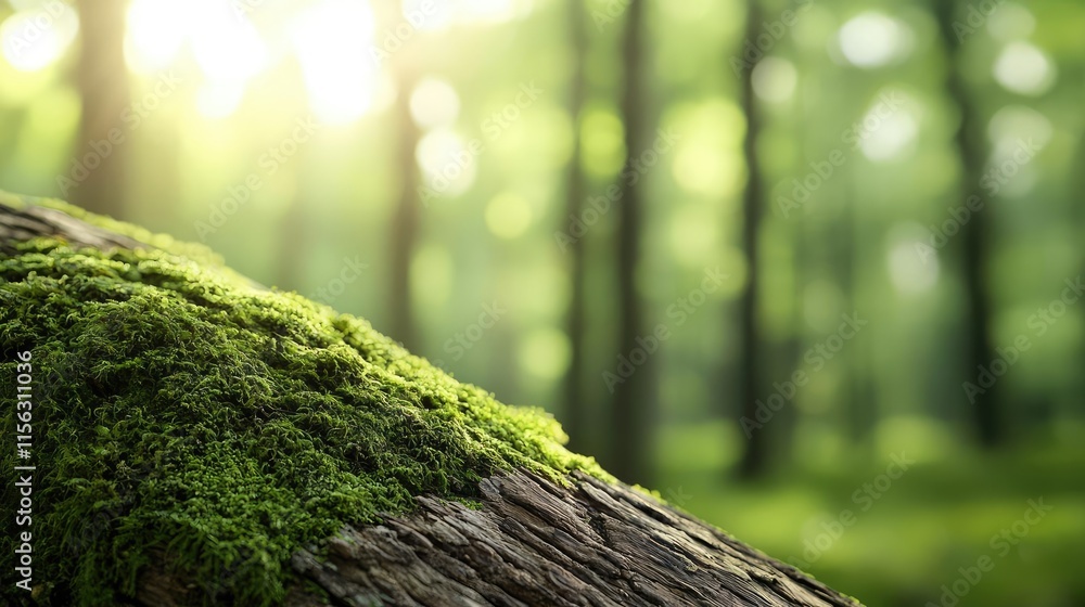 Aufkleber moss forest concept. lush green moss growing on a tree trunk in a tranquil forest during sunlight.