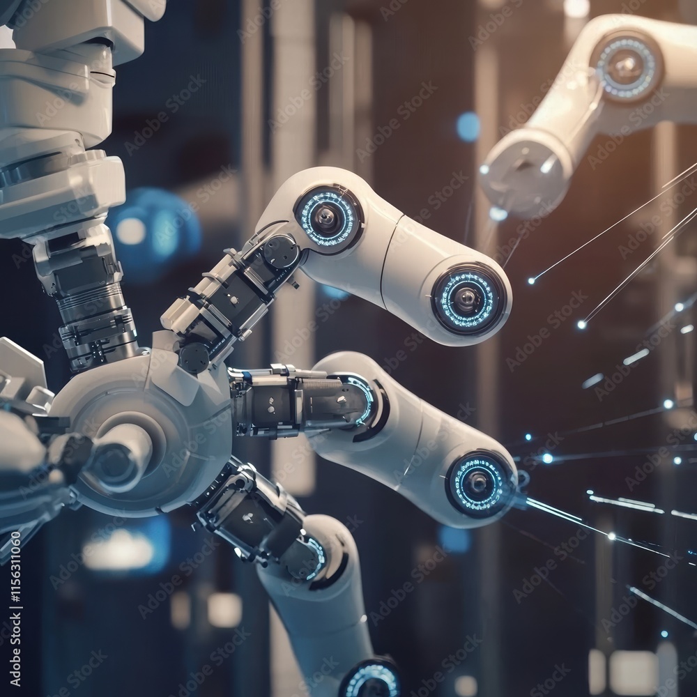 Poster advanced robotic arm performing precise tasks in high-tech environment