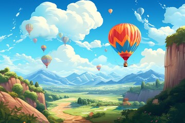 Fototapeta premium Colorful hot air balloons soar over a scenic valley landscape.
