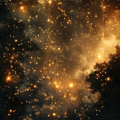 Fototapeta premium Ethereal Golden Nebula Abstract Space Background with Sparkling Lights and Dark Silhouettes of Trees