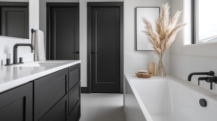 Fototapeta premium Modern minimalist bathroom with black cabinets, white bathtub, and pampas grass.