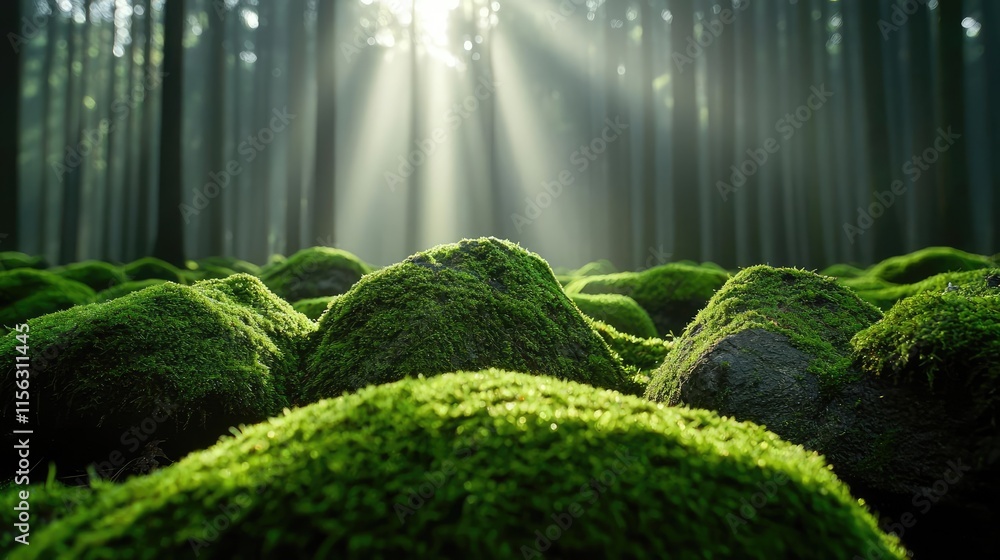 Aufkleber moss forest concept. a tranquil forest scene with moss-covered rocks illuminated by soft sunlight.