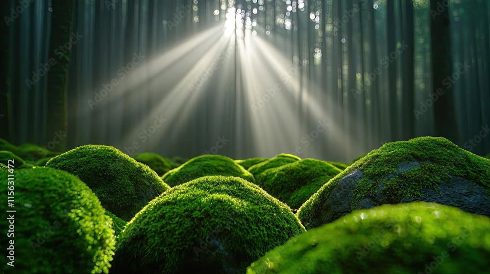Poster moss forest concept. sunlight streaming through trees illuminates lush green moss in a tranquil fore