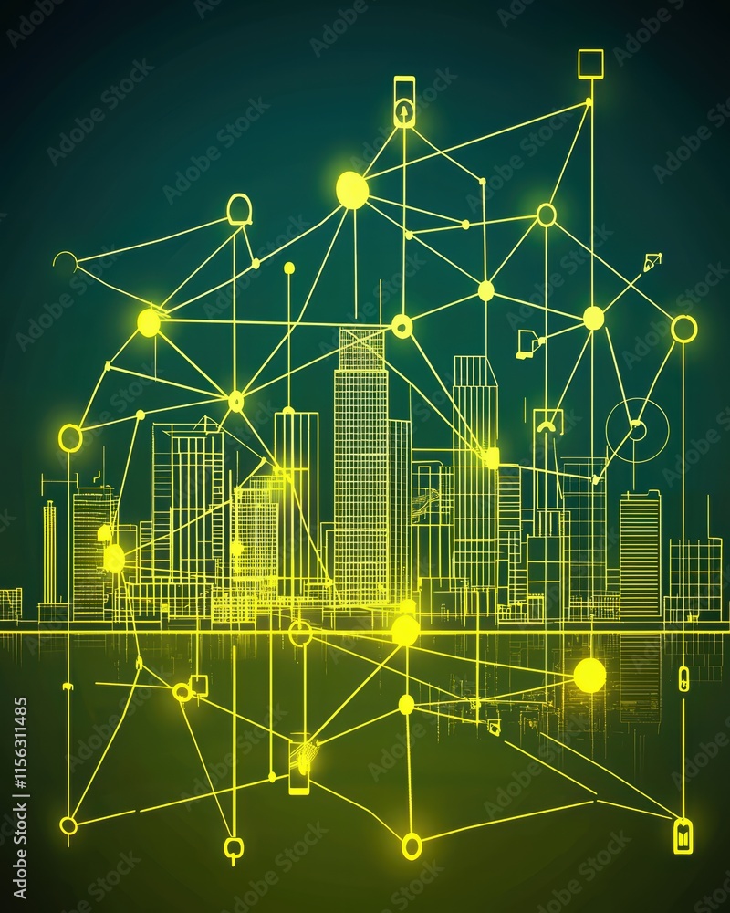 Poster futuristic cityscape with digital connections and networking lines