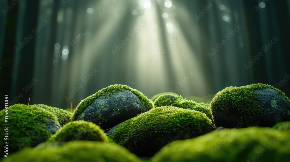 Aufkleber moss forest concept. serene forest scene with moss-covered stones illuminated by soft sunlight.