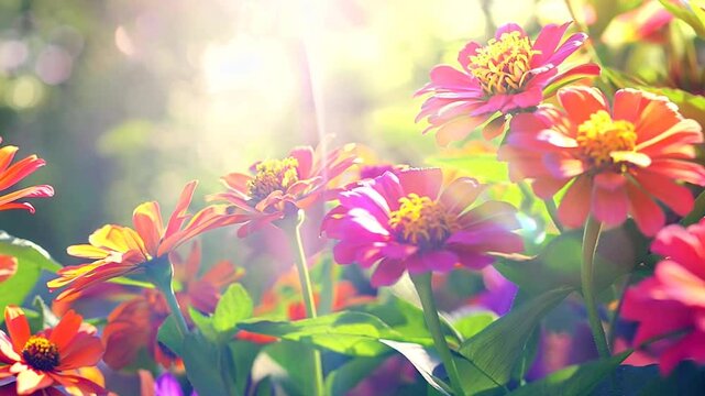 A cluster of radiant zinnia flowers glowing in warm sunlight, with bold pink and orange hues complemented by lush green foliage. A dynamic and cheerful representation of nature's beauty