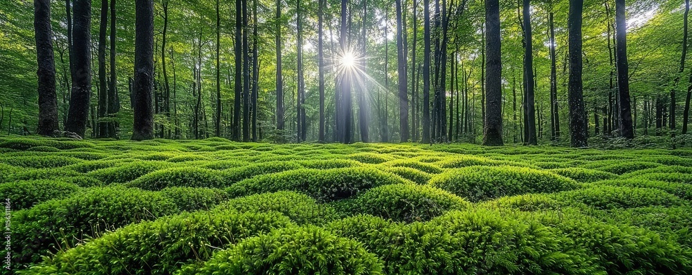 Poster Moss forest concept. Sunlight filters through trees, illuminating a lush forest floor rich in vibrant greenery.