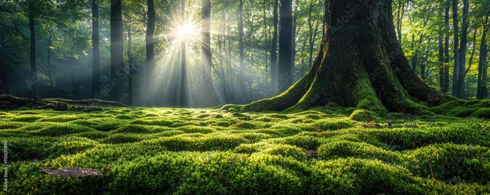 Poster moss forest concept. sunlight filters through trees, illuminating lush green moss in a serene forest