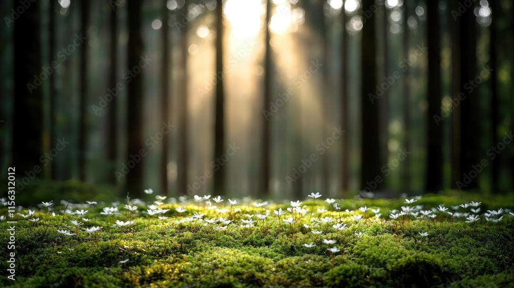 Poster moss forest concept. sunlight filters through trees, illuminating a lush forest floor with delicate 