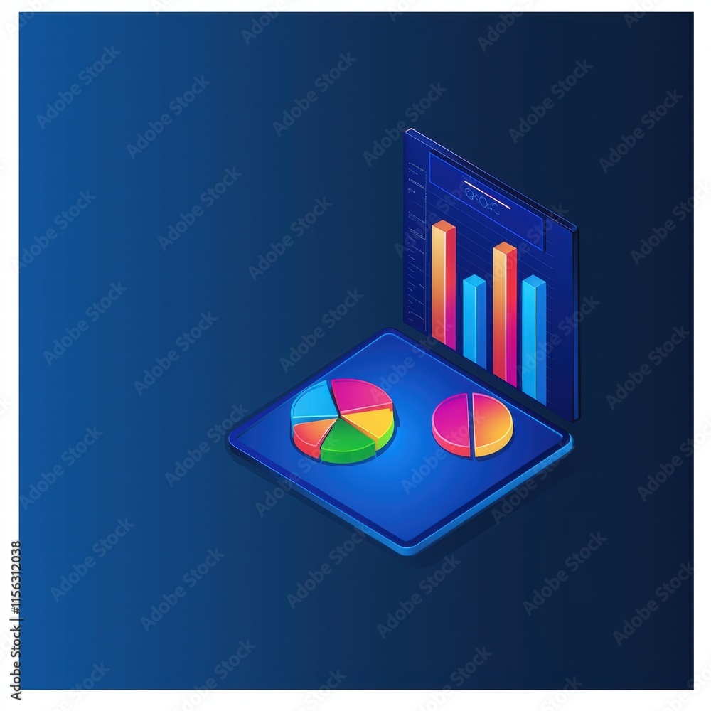 Poster modern isometric data visualization with pie charts and bar graphs