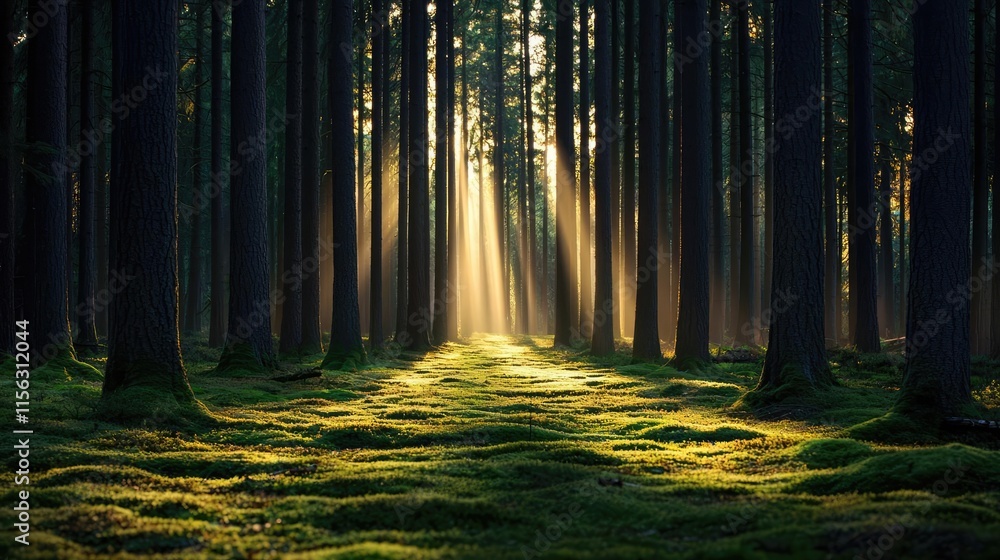 Poster moss forest concept. sunlight filtering through tall trees in a tranquil forest, highlighting nature