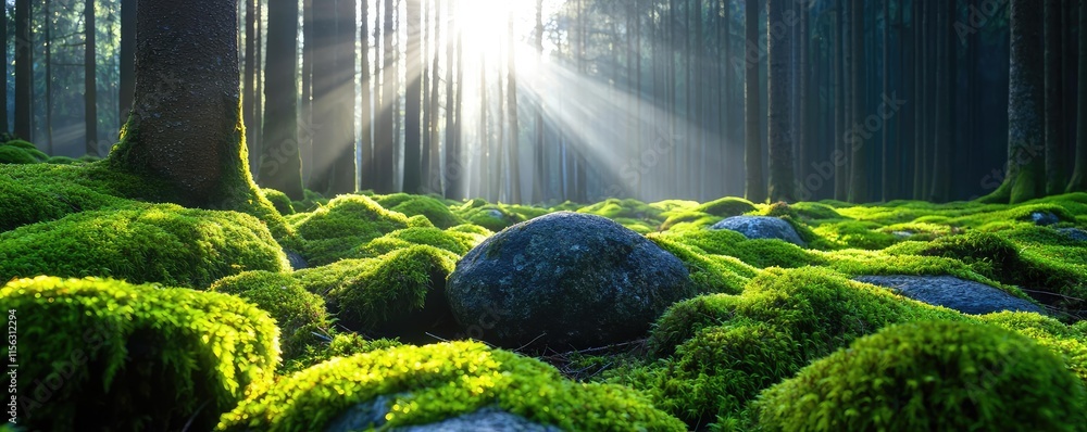 Poster moss forest concept. sunlight streams through trees onto lush green moss and rocks in a serene fores