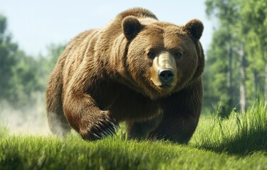 A large, powerful grizzly bear gracefully strolling through the lush green meadows of an open field in its natural habitat