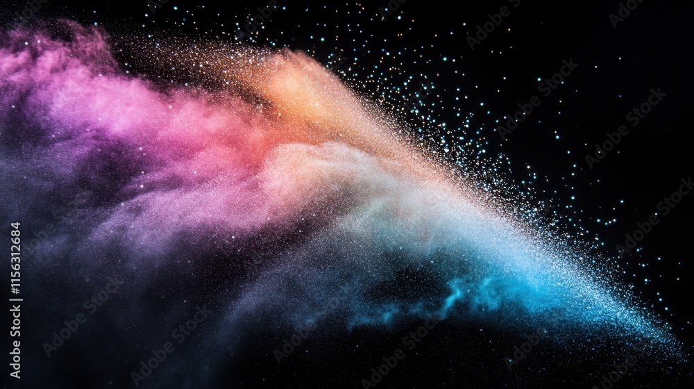 Poster Vibrant Exploding Color Powder Cloud Abstract Cosmic Nebula Effect on Black Background